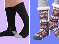 On left, Pembrook socks in black, on right, Dosoni socks in multicolor pink and gray