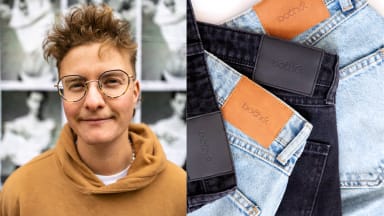 On left, headshot of Both& founder, Finnegan Shepard. On right, several pairs of denim jeans piled on top of each other.