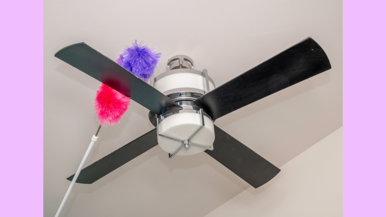 Colorful duster on dusty bedroom fan.