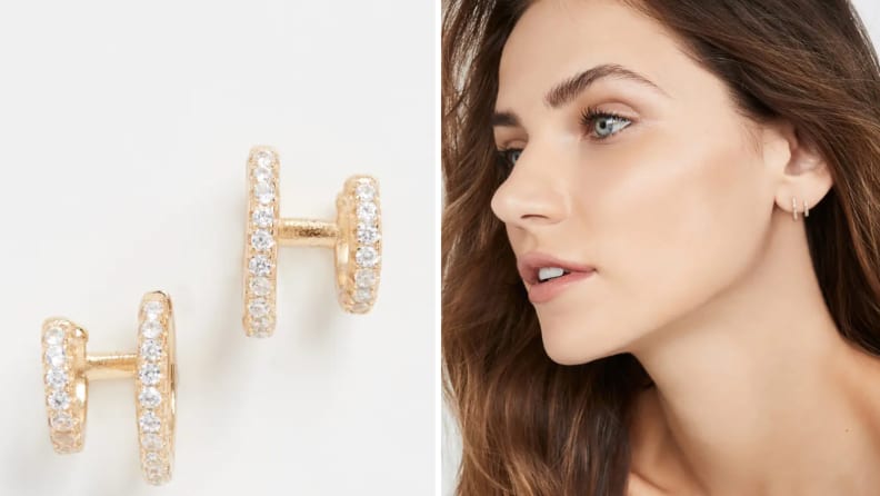 A woman wearing gold and diamond double hoop earrings