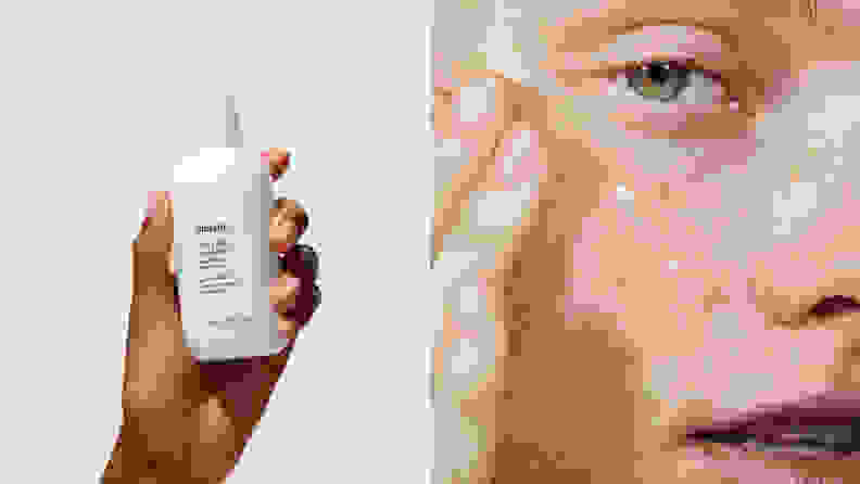 On the left: A hand holds up the white bottle of Glossier Milky Jelly Cleanser against a white background. On the right: A closeup of a person's cheek as they stare into the camera and apply the clear Glossier Milky Jelly Cleanser to their cheek with their hand.