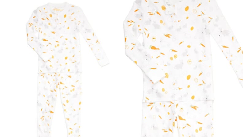 Patterned pajamas with bunnies, eggs, and carrots