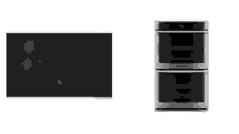 Left: The new Electrolux cooktop, with a totally smooth black glass surface. Right: The Electrolux double wall oven, featuring large black glass panels with surrounding stainless steel.