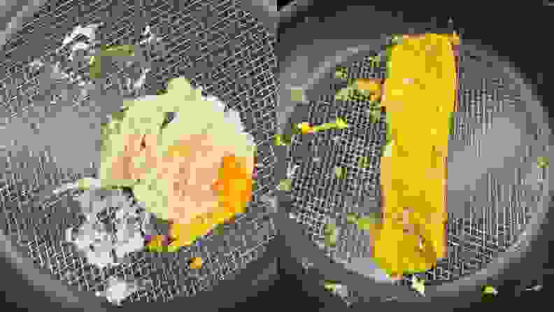 Left: a fried egg messily flipped with stuck-on remnants. Right: an omelet cooking on the Anolon X surrounded by stuck-on egg pieces.