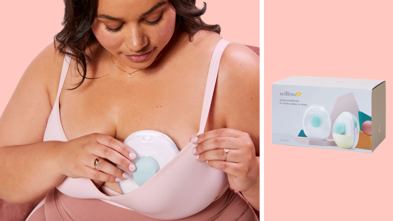 On right, person taking off the Willow Go breast pump. On right, box packaging for the Willow Go breast pump.