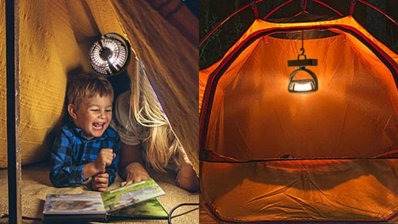 A child sits in a tent.