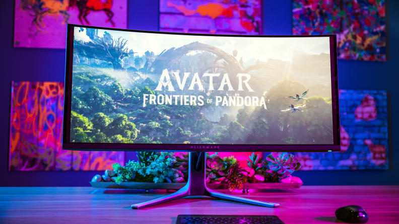 A widescreen OLED gaming monitor with Avatar onscreen