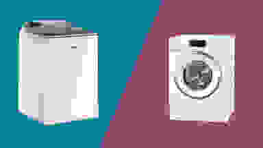 A top-load washer and a front load washer float in a colorful void. The void is split between two colors, with a bluish hue behind the top-loader and a purple background behind the front-loader.