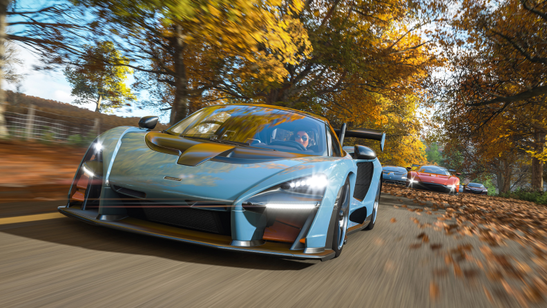 Supercars race down country roads in Forza Horizon 4.