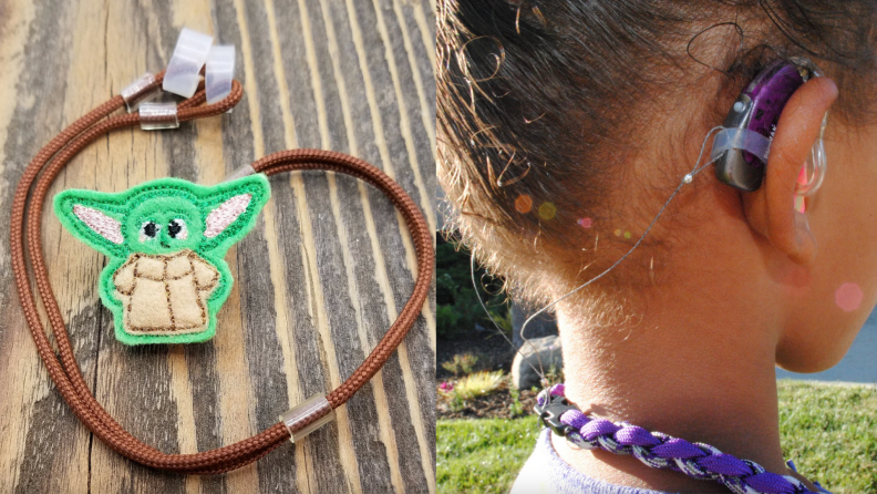 On left, baby Yoda hearing aid clip. On right, child wearing hearing aid clip attached to sport necklace.