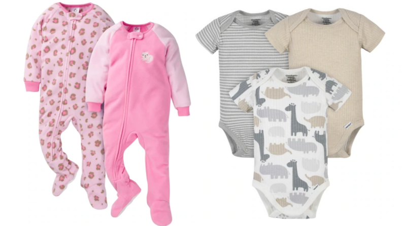 Different printed children's onesies with matching hats.
