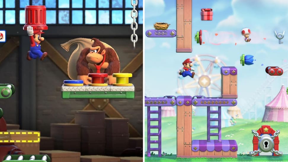 Mario and Donkey Kong and Mario and Toad in Mario Vs. Donkey Kong for Nintendo Switch.