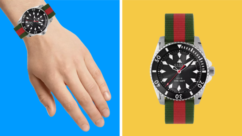 A person wearing a Gucci watch, next to a Gucci watch on a yellow and blue background.