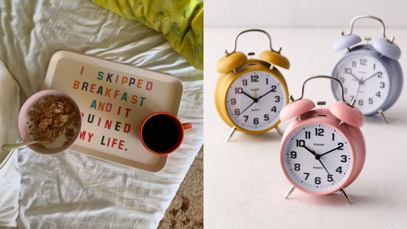 On the left, a tray featuring a bowl of cereal. On the right, a vintage style two bell alarm clock.
