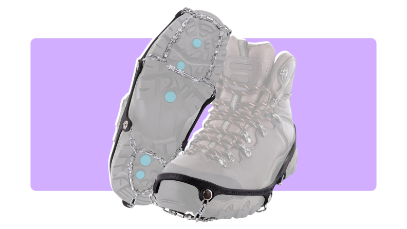 The Yaktrax Diamond Grip All-Surface Traction Cleats against a purple background