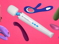 seven different vibrators arranged on a hot pink background