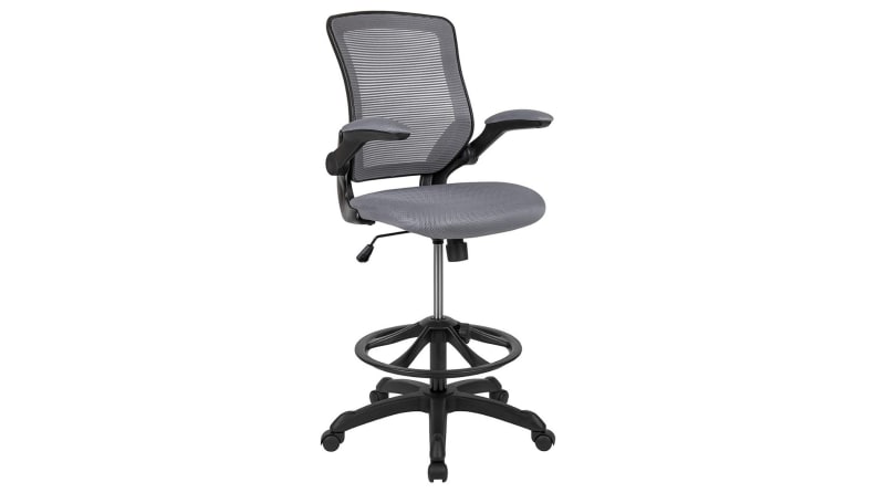 A dark grey drafting chair at its highest height on a white background.
