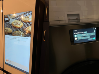 Left: Samsung refrigerator showing Family Hub recipe content. Right: Washer/dryer combo with LCD screen showing options.