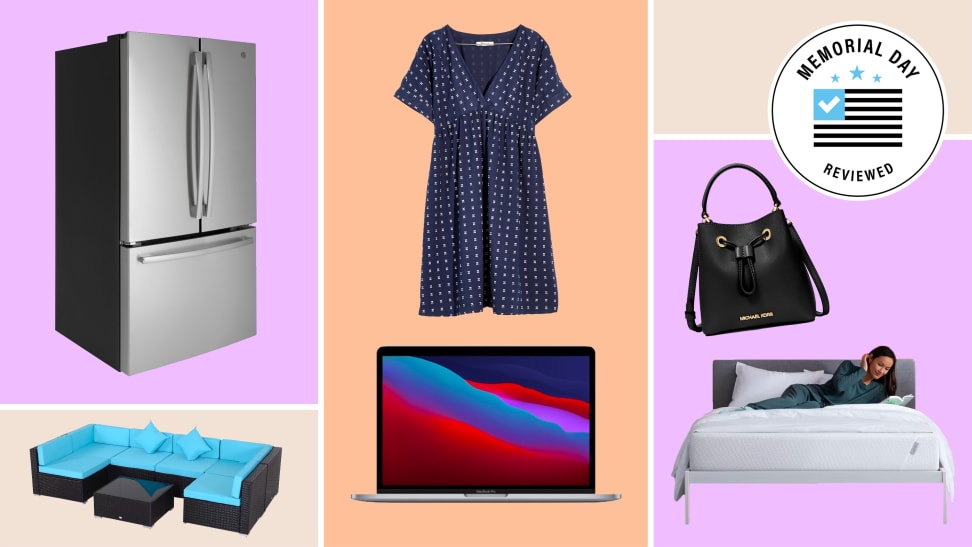 A graphic showing sample products for sale, including a refrigerator, a bed, a purse, a TV, and an outdoor couch, over a colored background.