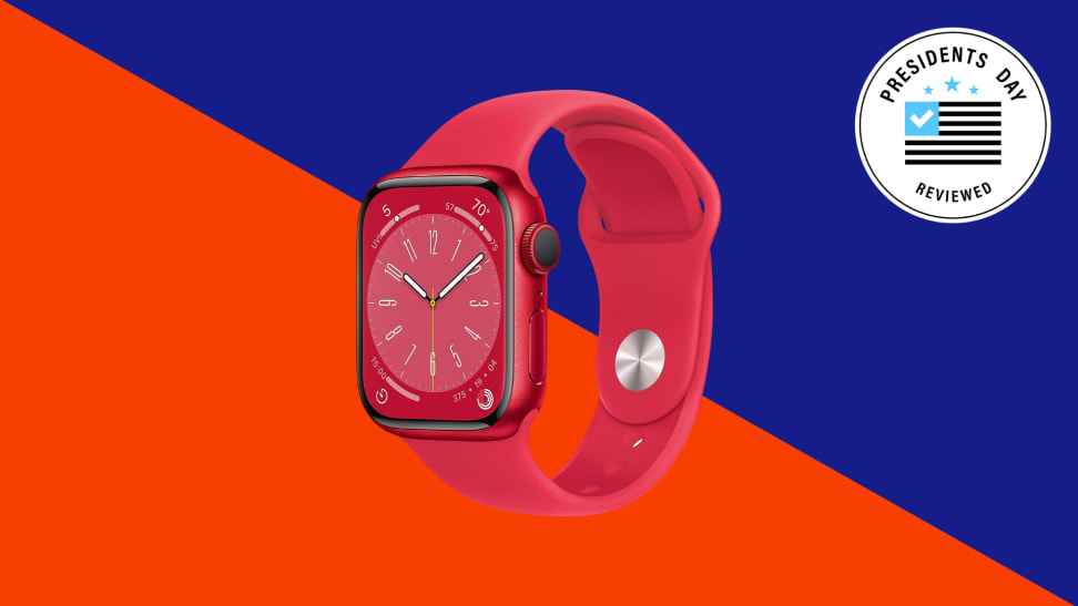 A red Apple Watch Series 8 against a red and blue background.