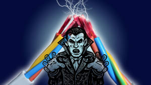 A black and white graphic of a vampire stands in front of two electrical cords zapping energy