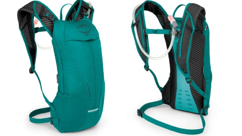 Two identical product shots of REI Osprey Kitsuma 7 Hydration Pack in teal.