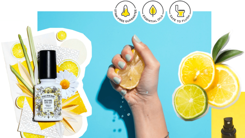 Hands holding sliced up lemon in front of blue background.