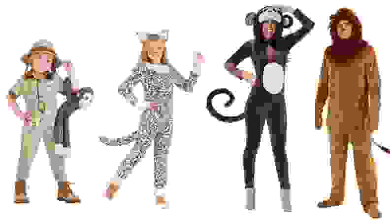 A child in a zookeeper costume, a child in a snow leopard costume, a woman in a monkey costume, a man in a lion costume.