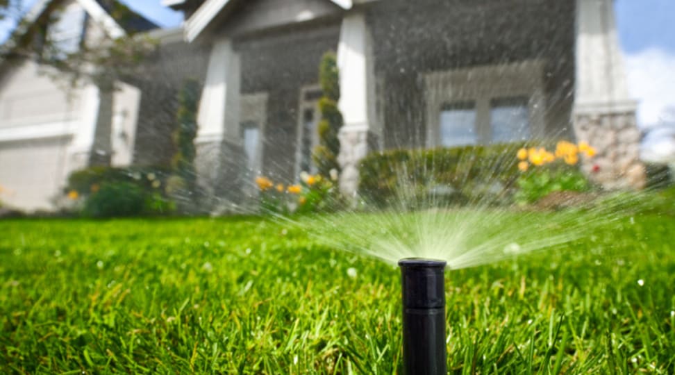 A sprinkler sprays water onto a green lawn.