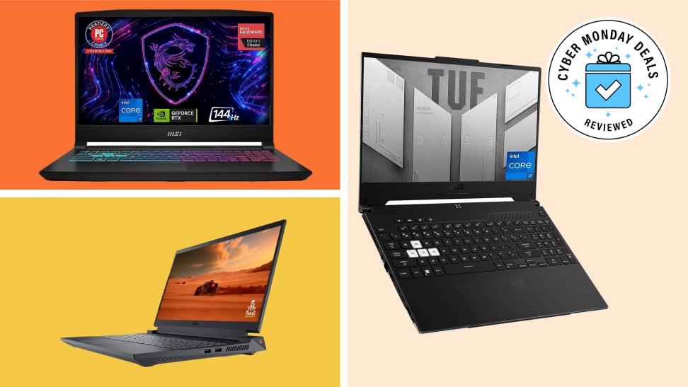 Three gaming laptops with the Cyber Monday Deals Reviewed badge in front of colored backgrounds.