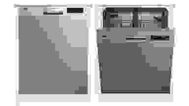 Two images of the dishwasher side by side. The leftmost has its door closed, the rightmost has its door open, showcasing its interior.
