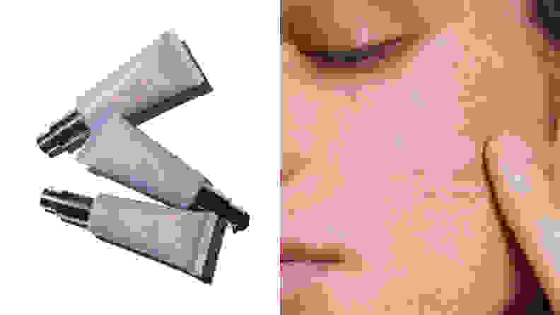 On the left: Three purple tubes of makeup primer. On the right: A person applies a tan primer onto their skin.