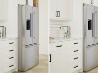 A photo of a standard depth fridge next to a counter-depth fridge and how they fit into existing cabinetry.