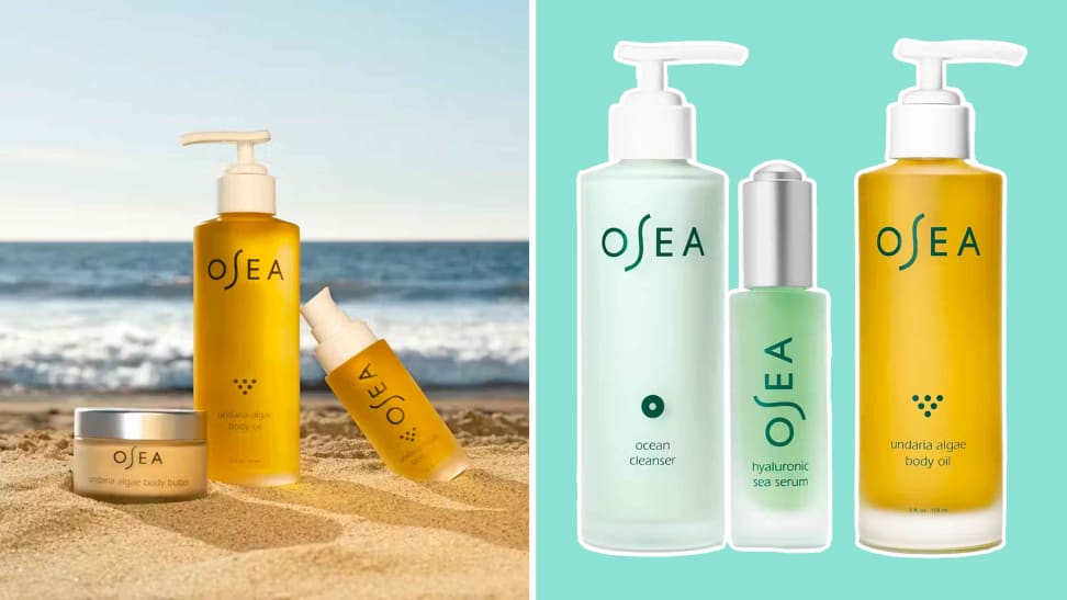 Osea body oil, cleanser, and serum on a beach background and on a green background.