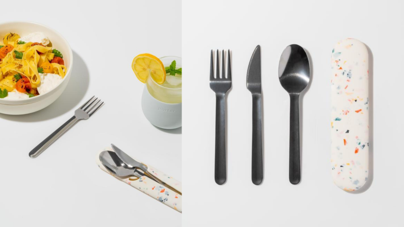Two shots of the W&P Porter Utensil Set that comes with a fork, knife, and spoon in a carrying case.
