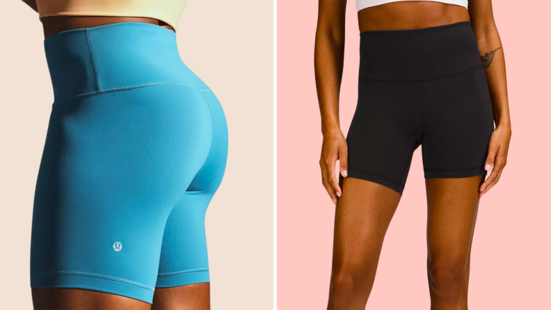 Two side-by-side images of women wearing the lululemon Wunder Train shorts