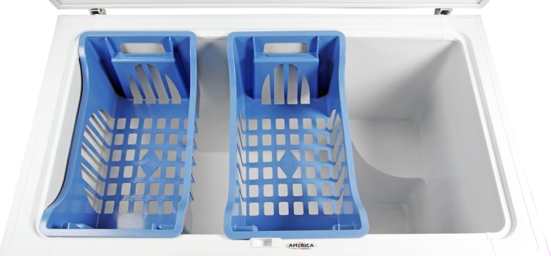 The two blue bins up top are all the organizational help you're going to get from the Whirlpool EH151FXTQ.
