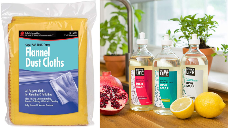 On left, yellow microfiber cloths in square package. On right, three bottles of clear dish soap on countertop next to lemon and pomegranate.