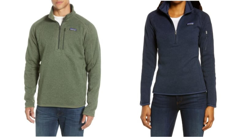 Two separate images show off two similar pullover jackets. The one on the left is olive green; the right, navy blue.