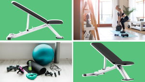 Adjustable workout benches next to workout equipment and person working out at home indoors.