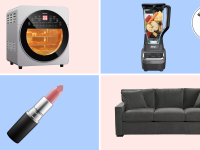 A colorful collage with an air fryer, a blender, a couch, and more with a Memorial Day badge in the corner.
