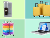 A collage of on-sale Walmart products, including an Acer laptop, a Keurig coffee machine, and a Travelhouse luggage set.