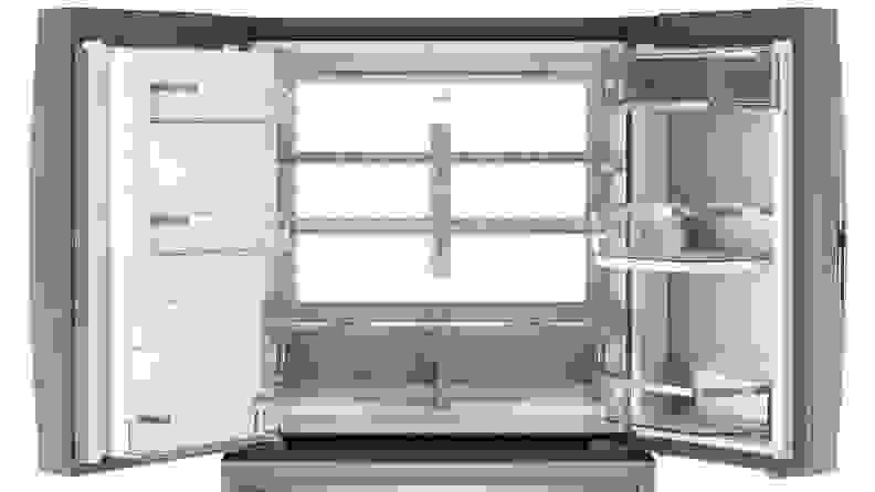 The GE Profile PVD28BYNFS four door French door refrigerator's backlit interior.