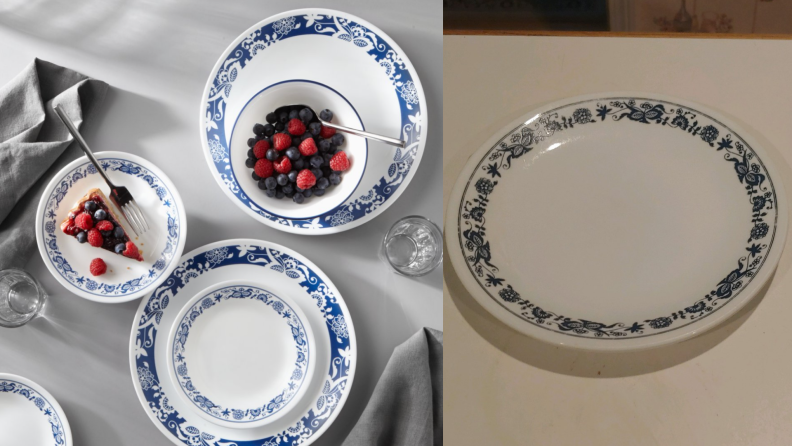 On left, blue and white True Blue white plate set with berries and pie on top. On right, single True Blue plate.