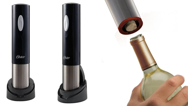 Wine opener next to an image of a person opening a wine bottle