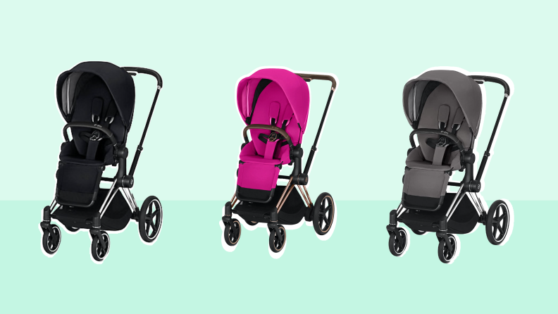 Three baby strollers in black, gray and pink.