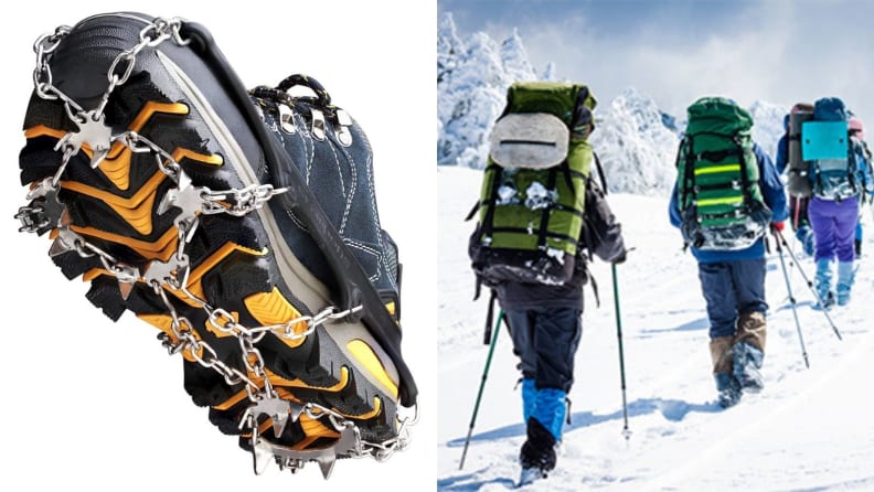 Left: Chains are wrapped around the sole of a boot, metal cleats jutting out from two rings on the bottom for traversing ice and snow. Right: A group of hikers climb in the snow.