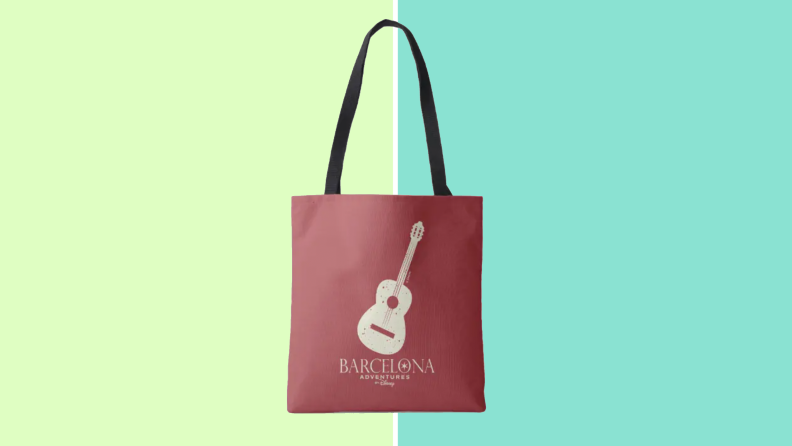 A maroon tote on a green background
