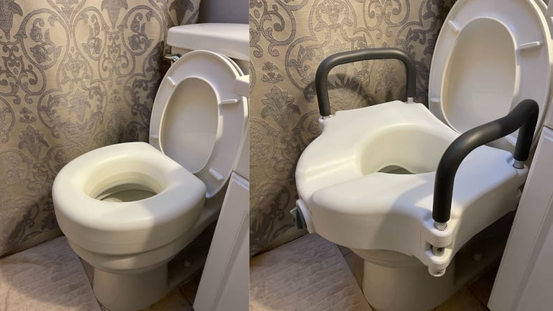 Drive Medical and HealthSmart Toilet Risers shown in a side by side photo