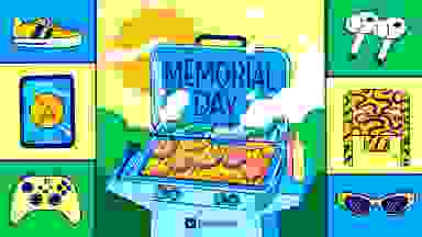 This graphic illustration has blues, greens, and yellows, depicting a grill with burgers on it branded with the word deals